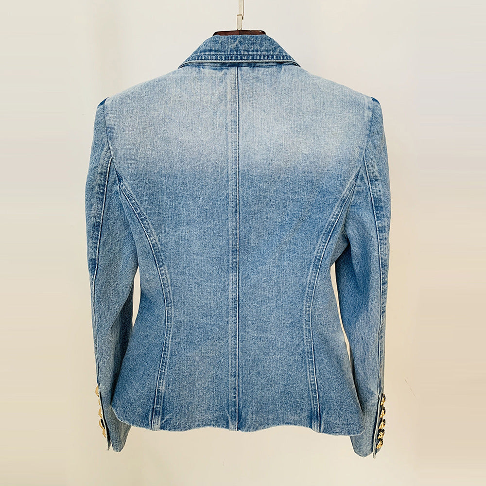 Schmale, zweireihige Jeansanzugjacke mit Löwenknöpfen für Damen