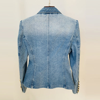 Schmale, zweireihige Jeansanzugjacke mit Löwenknöpfen für Damen