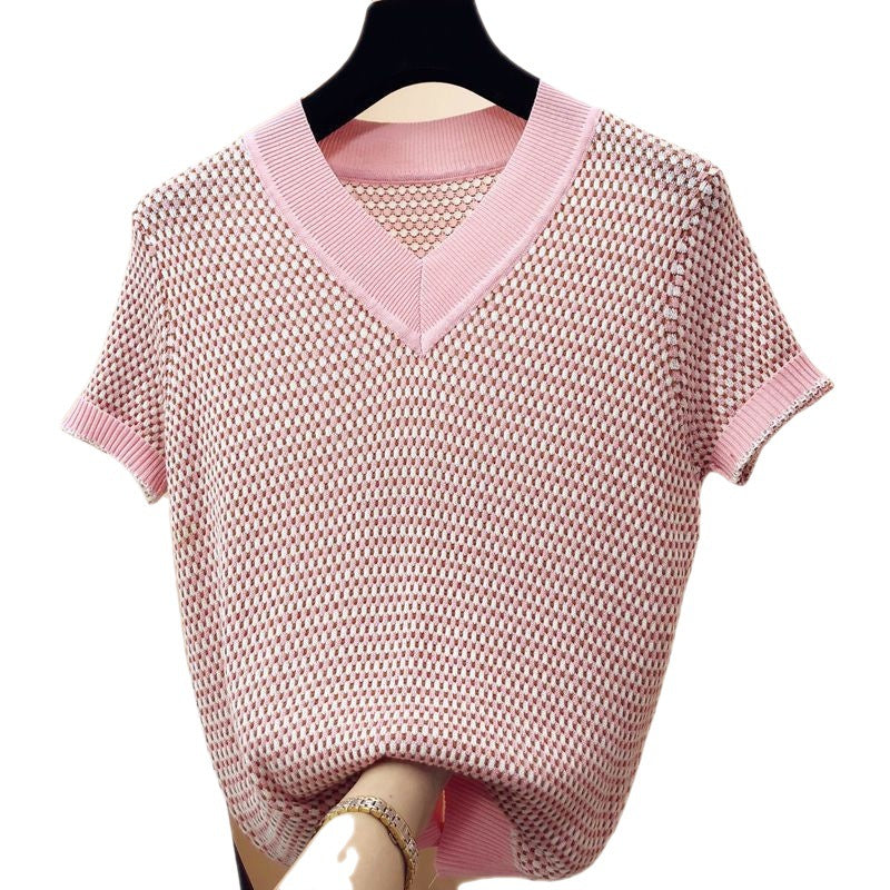 Sommer Eis Seide Kurzarm T-Shirt Damen Pullover Fein kariert V-Ausschnitt Bottoming Shirt Top