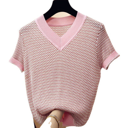 Sommer Eis Seide Kurzarm T-Shirt Damen Pullover Fein kariert V-Ausschnitt Bottoming Shirt Top