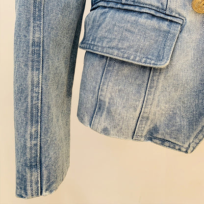 Schmale, zweireihige Jeansanzugjacke mit Löwenknöpfen für Damen