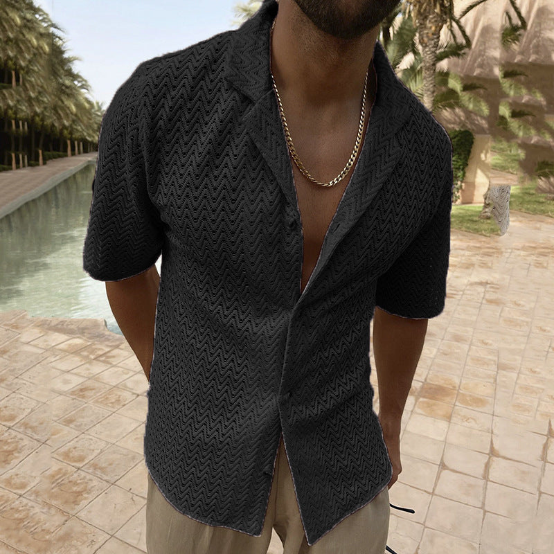 European And American Leisure Fashion Solid Color Polo Collar Button Lace Short Sleeve Hollow Out Shirt