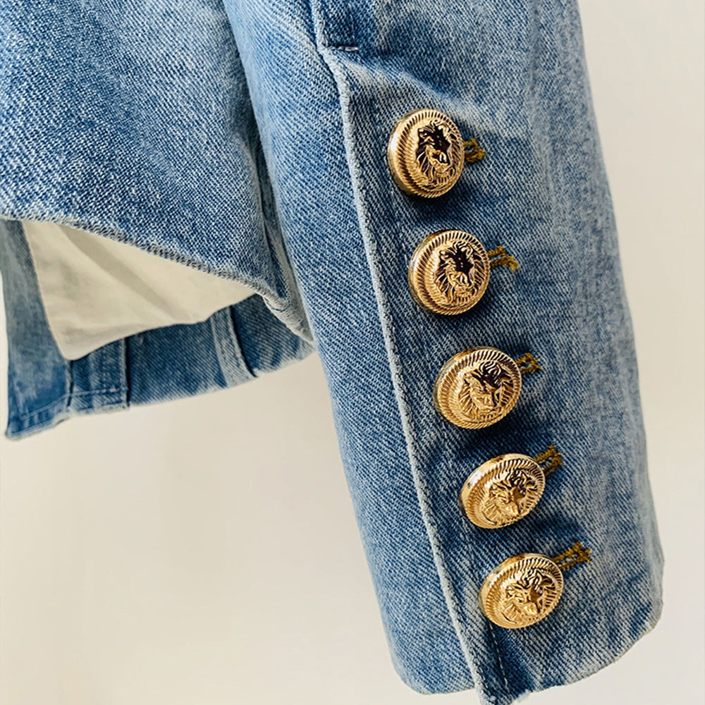 Schmale, zweireihige Jeansanzugjacke mit Löwenknöpfen für Damen