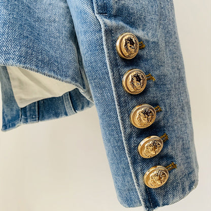 Schmale, zweireihige Jeansanzugjacke mit Löwenknöpfen für Damen