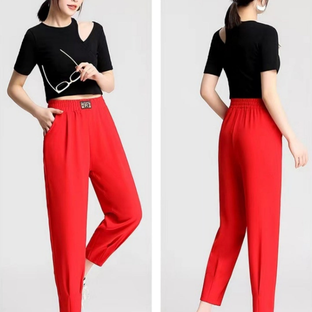 Rettich-Polyesterhose aus Seide und Baumwolle, Mama-Hose, elastischer Bund mit Tasche