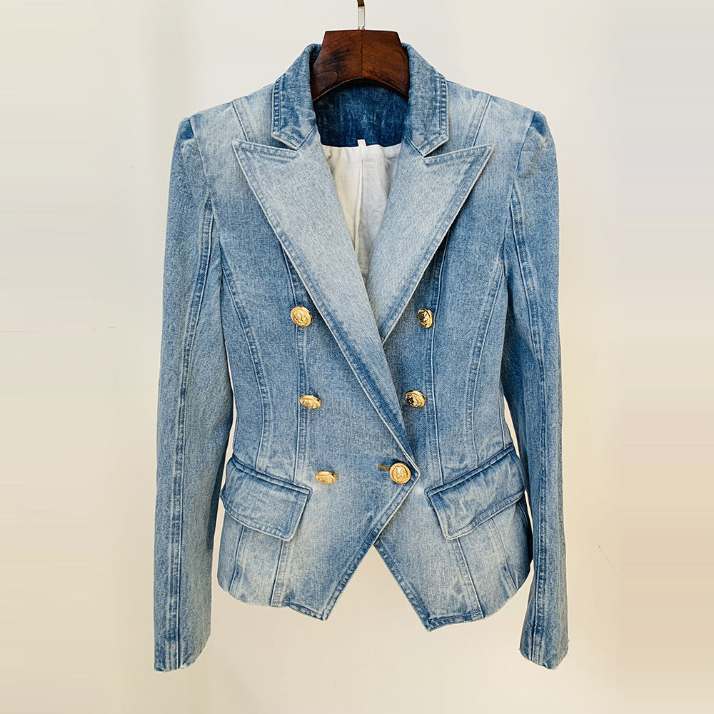 Schmale, zweireihige Jeansanzugjacke mit Löwenknöpfen für Damen