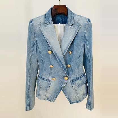 Schmale, zweireihige Jeansanzugjacke mit Löwenknöpfen für Damen