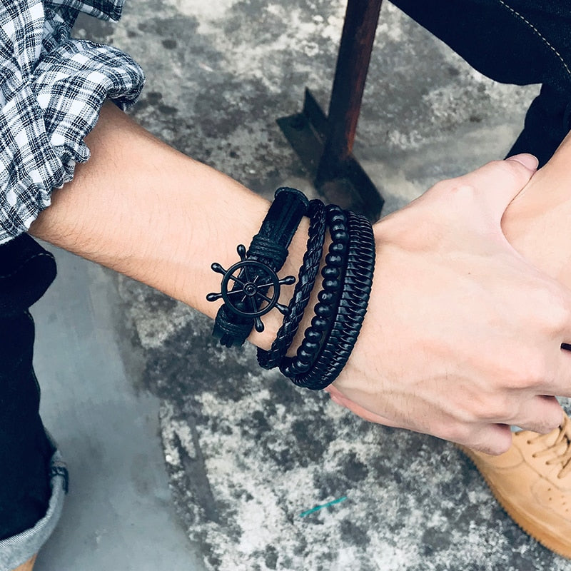 4 Teile/satz Geflochtene Wrap Leder Armbänder für Männer Vintage Tribal Armbänder