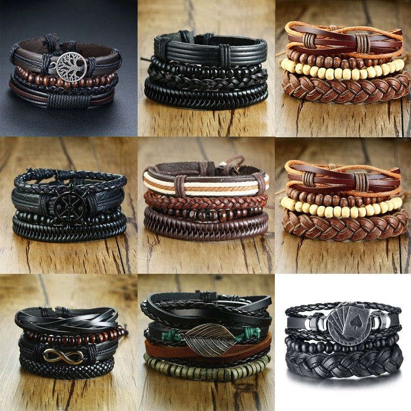 4 Teile/satz Geflochtene Wrap Leder Armbänder für Männer Vintage Tribal Armbänder
