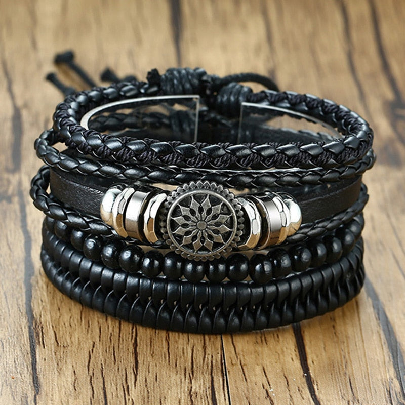 4 Teile/satz Geflochtene Wrap Leder Armbänder für Männer Vintage Tribal Armbänder