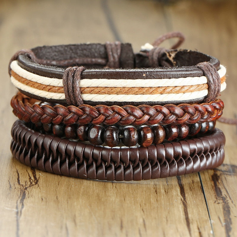 4 Teile/satz Geflochtene Wrap Leder Armbänder für Männer Vintage Tribal Armbänder