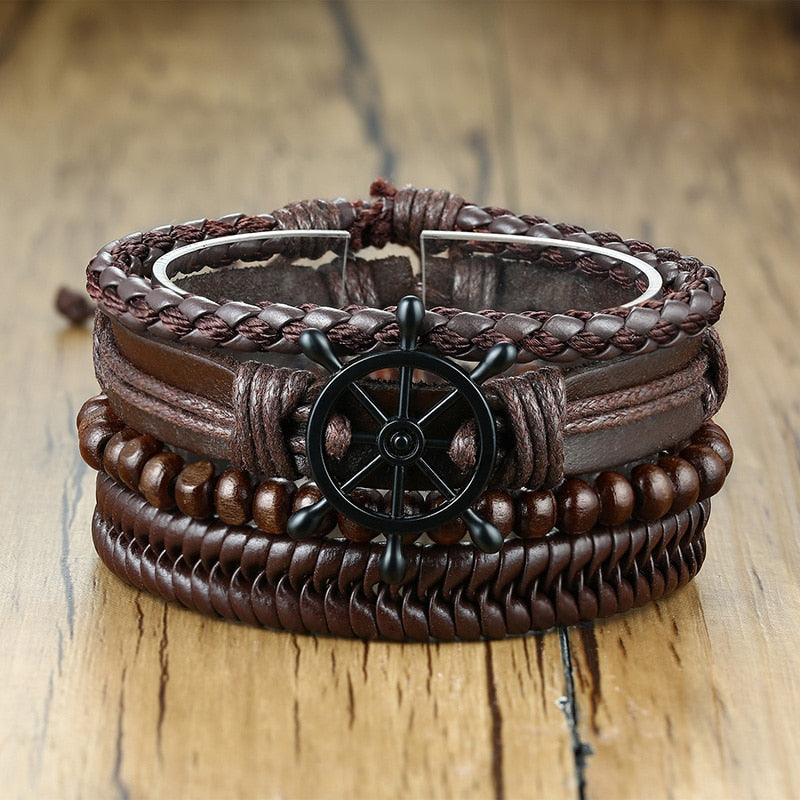 4 Teile/satz Geflochtene Wrap Leder Armbänder für Männer Vintage Tribal Armbänder