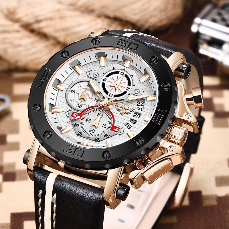 Herrenuhren, modisch, sportlich, Leder, wasserdicht, Quarz, Chronograph