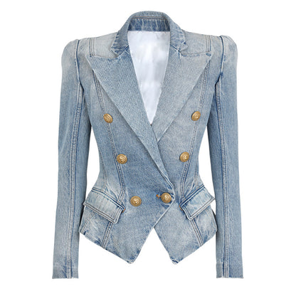 Schmale, zweireihige Jeansanzugjacke mit Löwenknöpfen für Damen