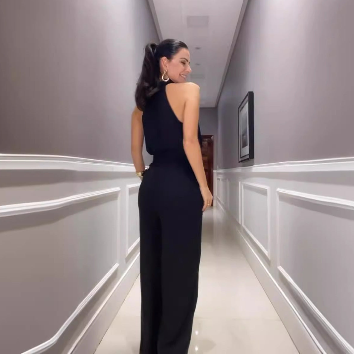 Außenhandel Grenzüberschreitende Mode Rundhals Taille Weites Bein Einteilige Hose Für Frauen