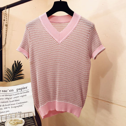Sommer Eis Seide Kurzarm T-Shirt Damen Pullover Fein kariert V-Ausschnitt Bottoming Shirt Top