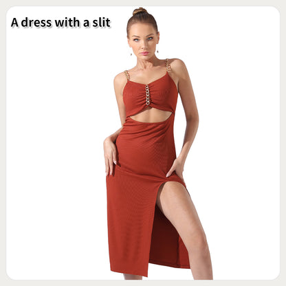 Damen Neckholder-Kleid mit Schlitz in reiner Farbe, ärmellos