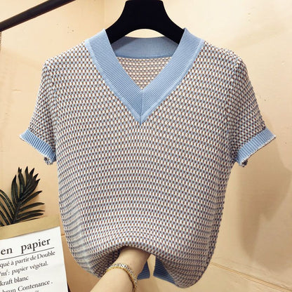 Sommer Eis Seide Kurzarm T-Shirt Damen Pullover Fein kariert V-Ausschnitt Bottoming Shirt Top