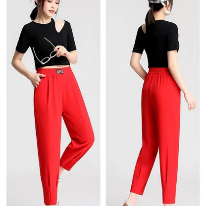Rettich-Polyesterhose aus Seide und Baumwolle, Mama-Hose, elastischer Bund mit Tasche